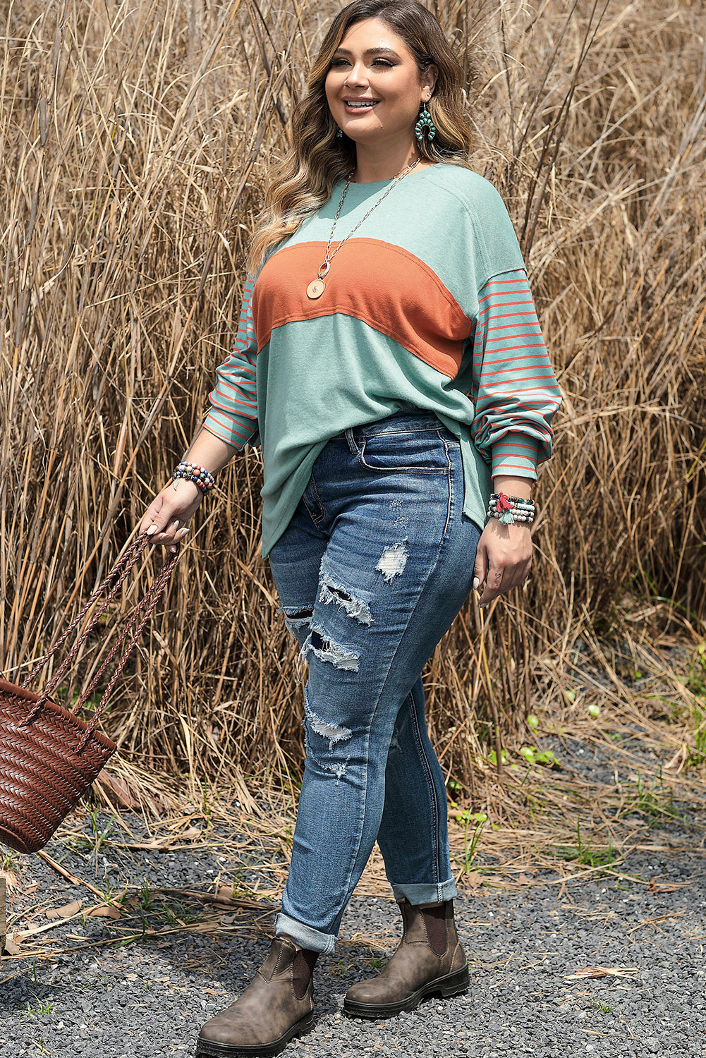 Green Plus Size Striped Long Sleeve Colourblock Tee With Slits | Grass Green