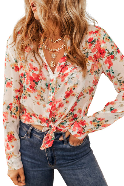 Vibrant Floral Print Chest Pocket Shirt | Snow White