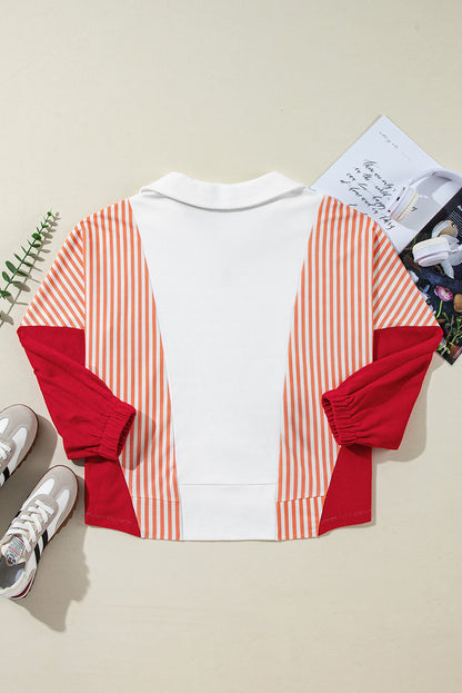 Striped Colour Block Collared V Neck Oversized Sweatshirt | White