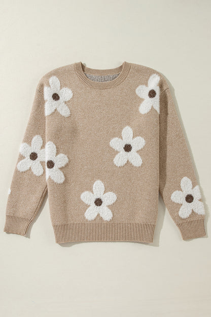 Flower Pattern Ribbed Trim Crew Neck Sweater | Parchment