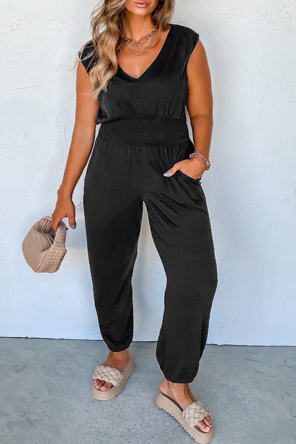 Plus Smocked High Waist Sleeveless V Neck Jumpsuit | Black