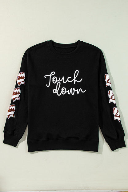 Touch Down Graphic Rugby Football Bowknot Patched Sleeve Sweatshirt | Black