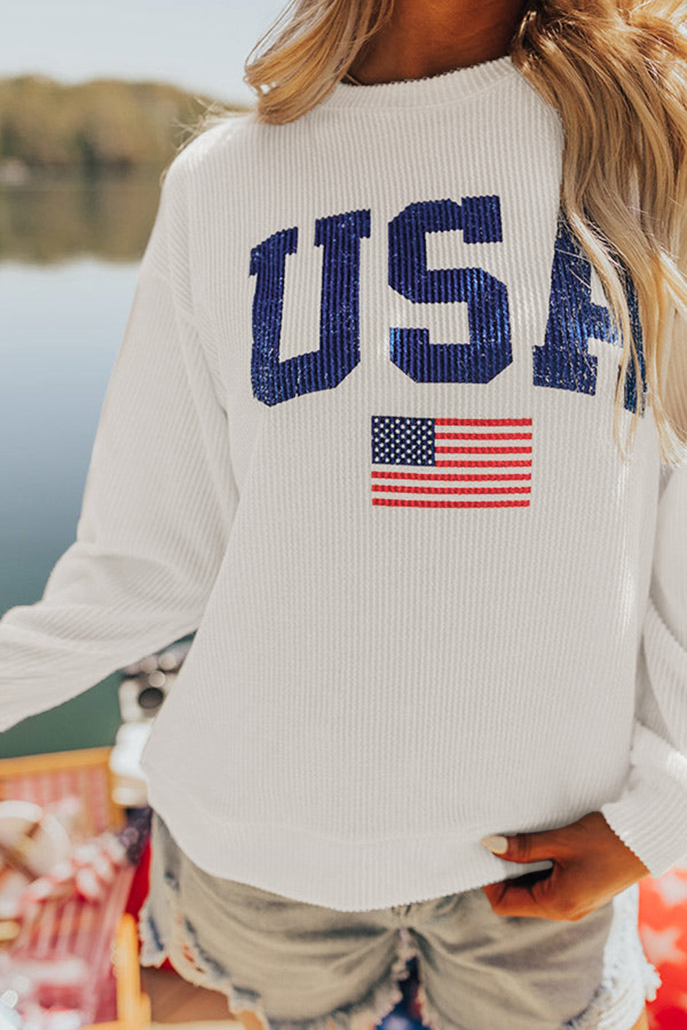 Usa Flag Corded Graphic Sweatshirt | White