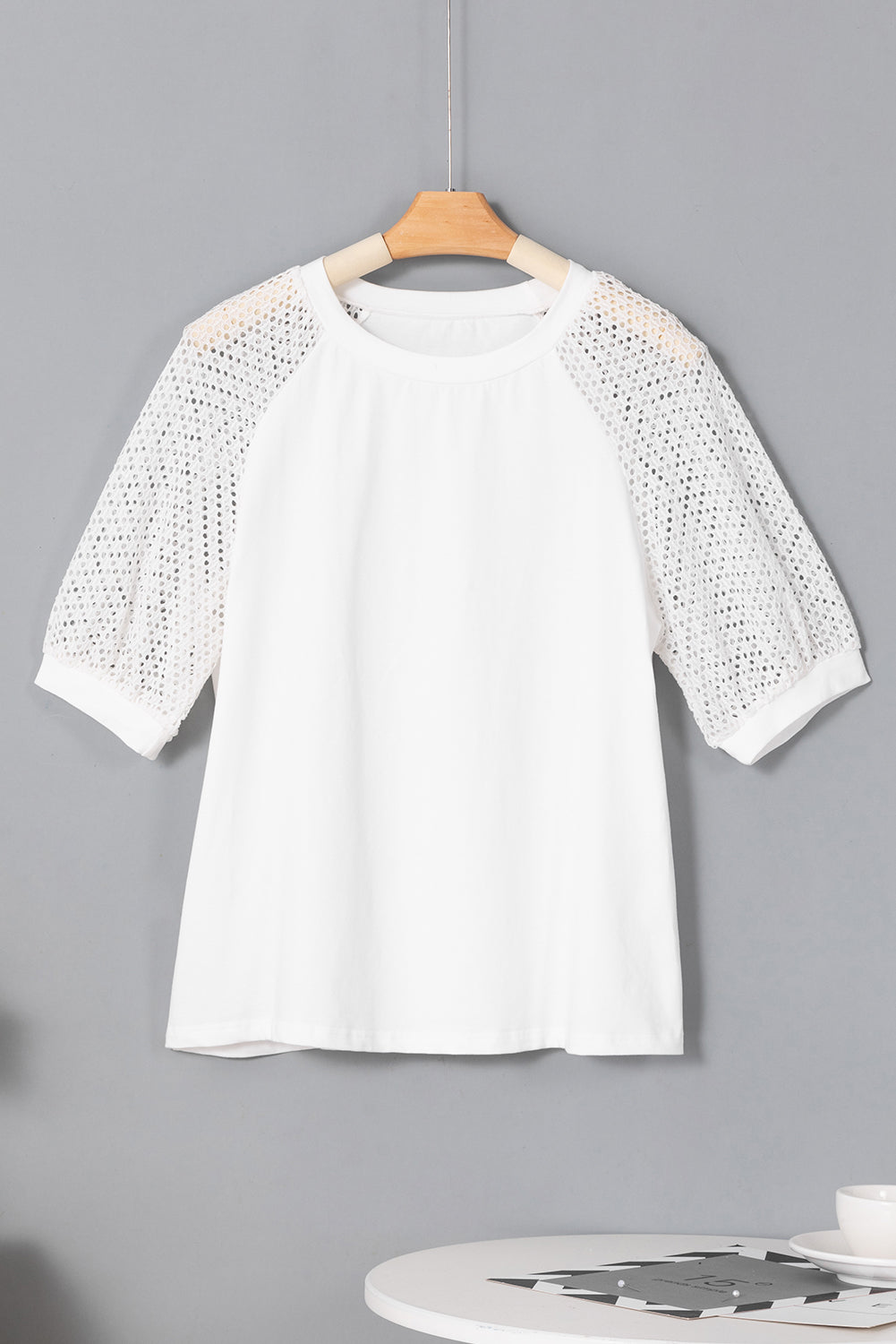 Pointelle Lace Half Sleeve Crew Neck Tee | White