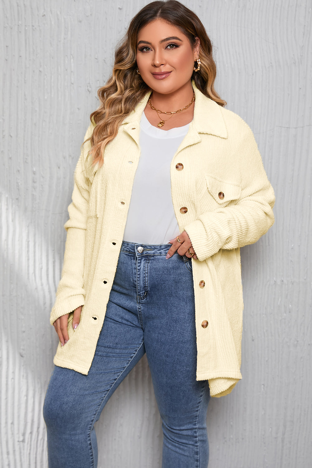 Plus Size Ribbed Flap Pocket Collared Knit Jacket | Beige