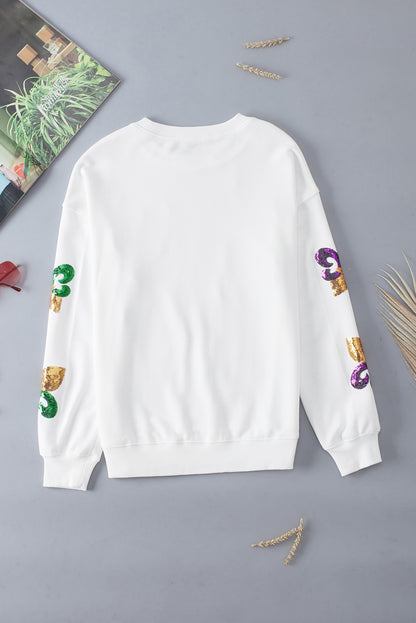 Sequin Mardi Gras Graphic Pullover Sweatshirt | White