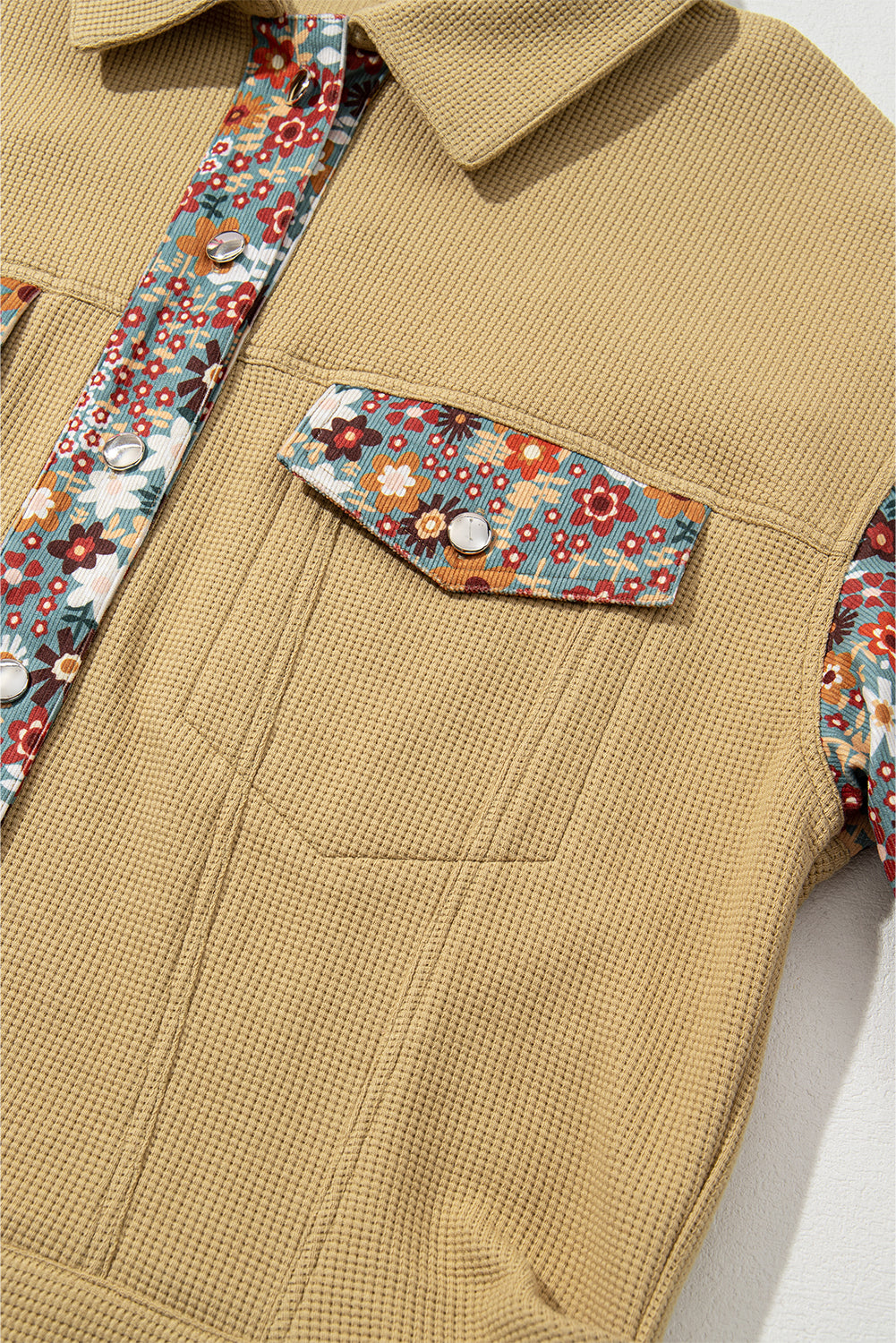 Waffle Knit Floral Print Patchwork Button Up Jacket | Khaki