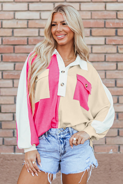 Colourblock Ribbed Collared Oversized Sweatshirt | Rose Red