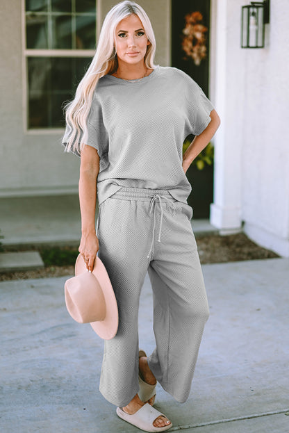 Textured Loose Fit T Shirt And Drawstring Pants Set | Gray