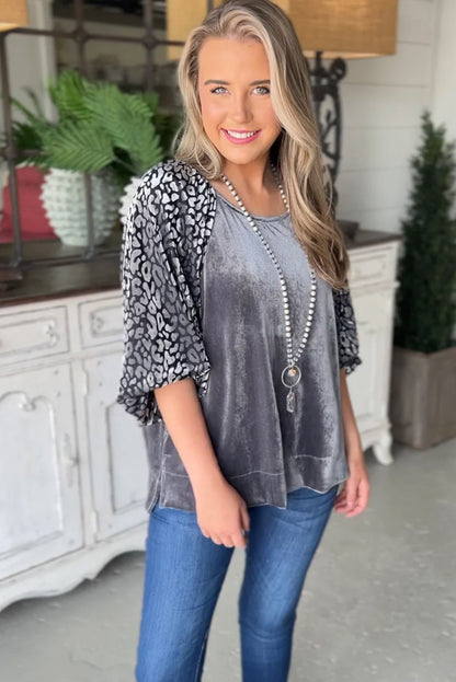 Leopard Splicing Lantern Sleeve Velvet Blouse | Medium Grey