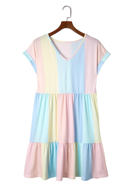 Striped Colour Block Tiered Mini Dress | Multicolour