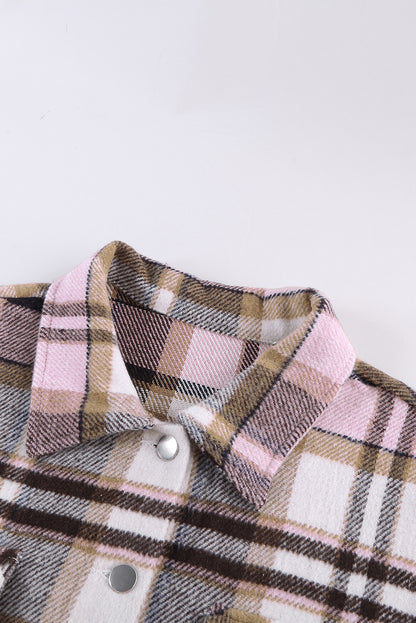 Geometric Plaid Print Pocketed Shacket | Pink