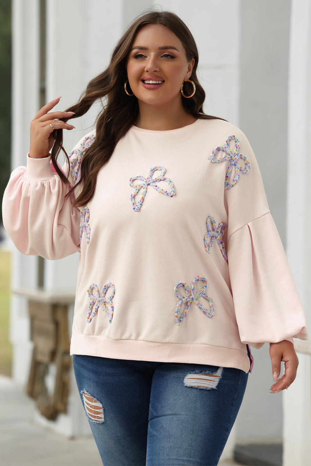 Embroidered Bow Lantern Sleeve Oversized Pullover Sweatshirt | Parchment