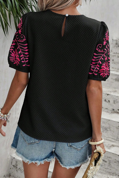 Floral Embroidered Textured Puff Sleeve T Shirt | Black