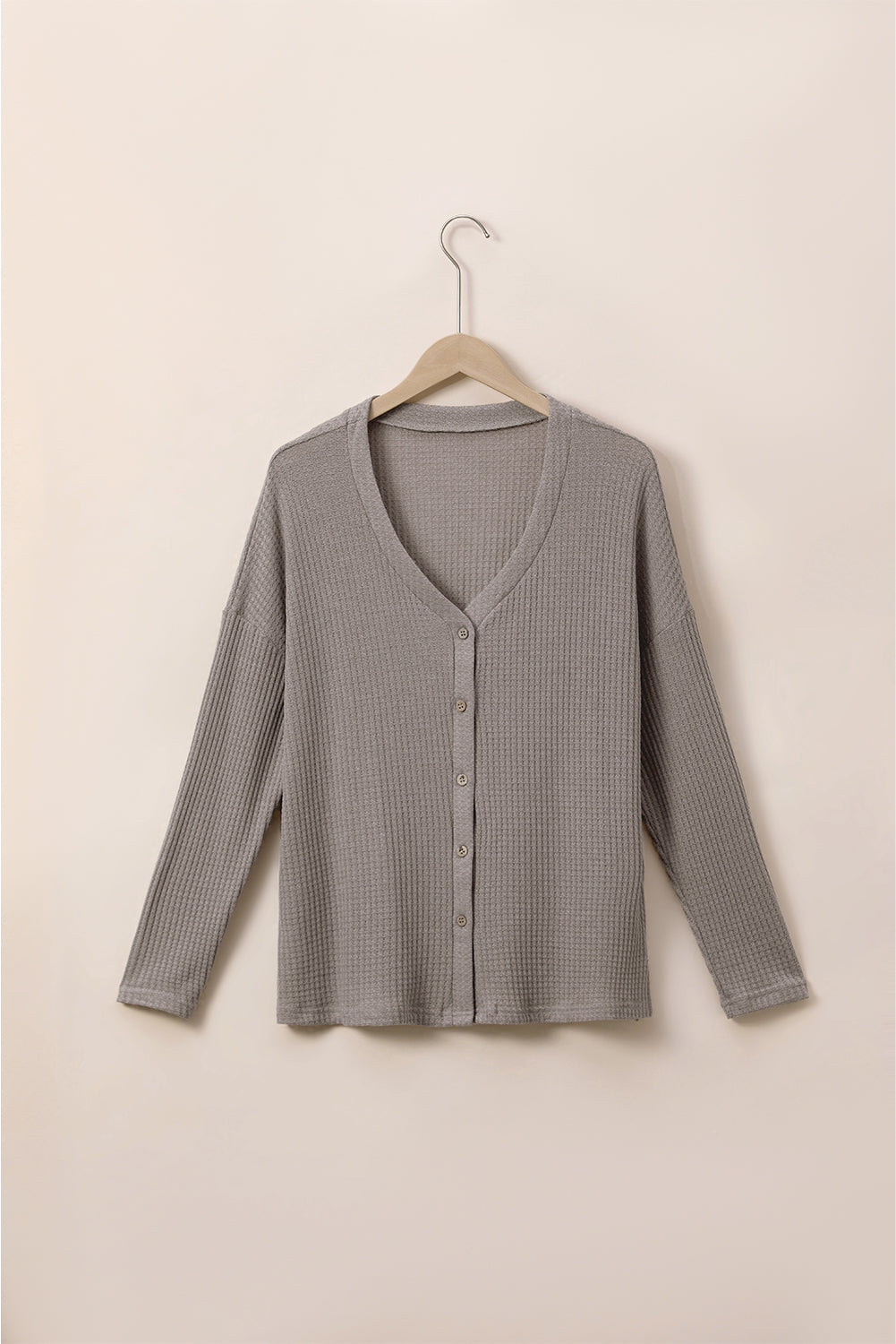 Waffle Knit Drop Shoulder Button V Neck Plus Size Top | Simply Taupe