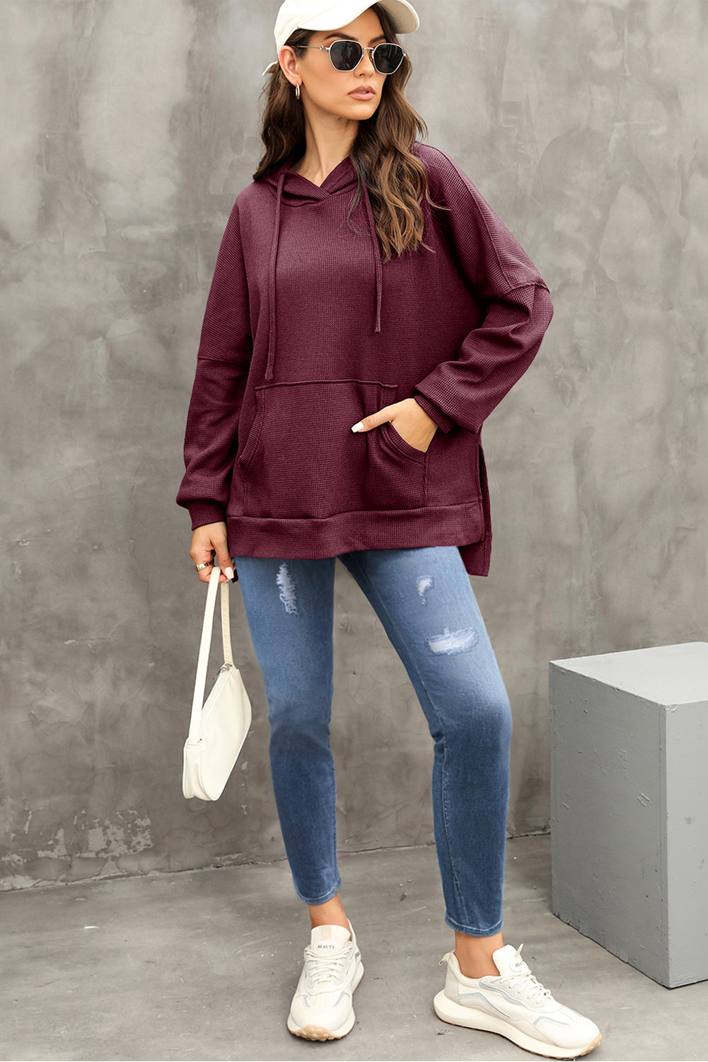 Waffle Knit Fleece Lined High Low Oversized Hoodie | Red Dahlia