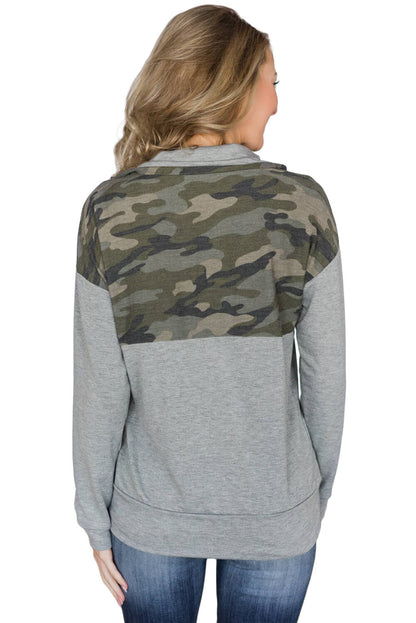 Camo Splice Gray Kangaroo Pocket Zip Collar Sweatshirt | Green