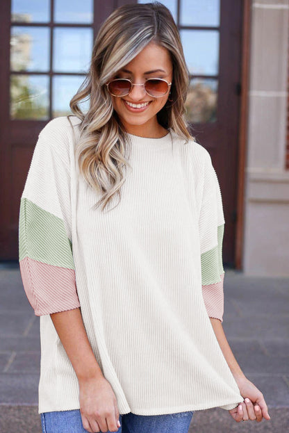 Colour Block Ribbed Knit Quarter Sleeve Top | White