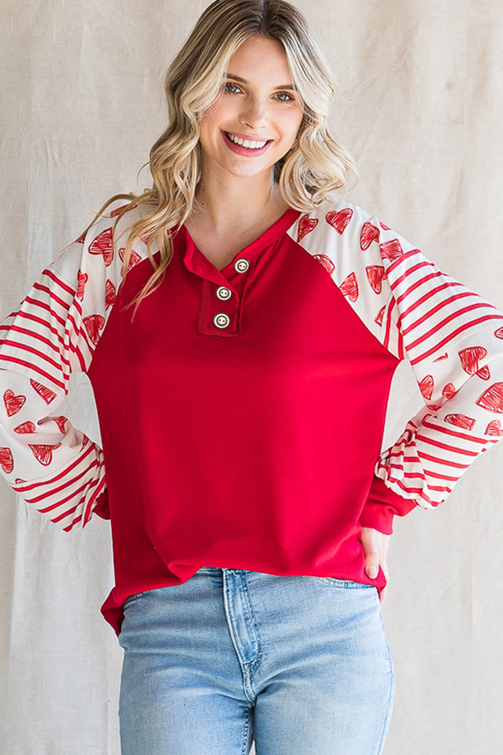 Heart Striped Raglan Sleeve Henley Top | Fiery Red