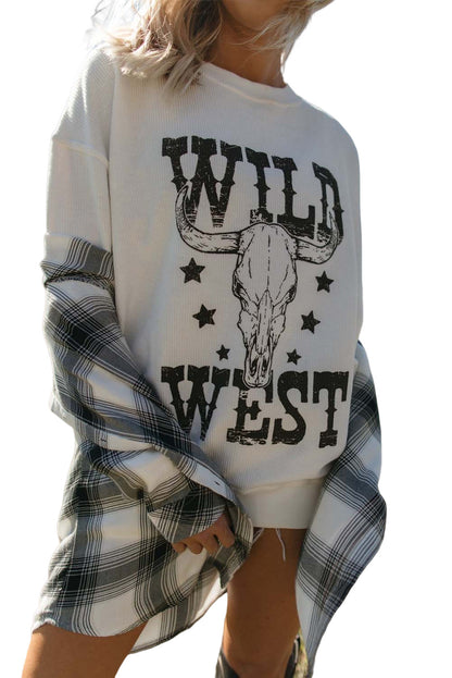 Wild West Steer Skull Graphic Ribbed Sweatshirt | White