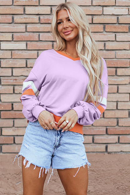 Contrast Rib Knit Patchwork Drop Shoulder V Neck Sweatshirt | Orchid Bouquet