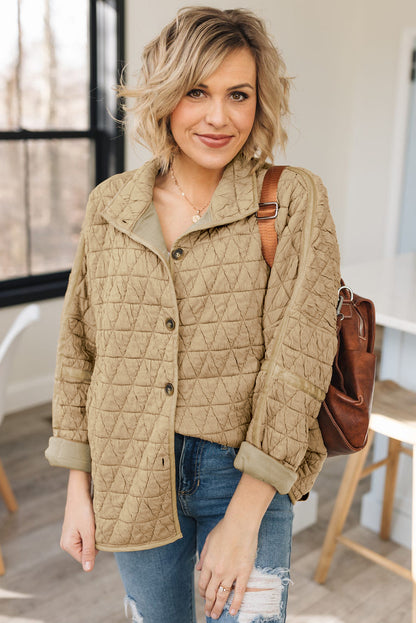 Quilted Button Front Funnel Neck Jacket | Khaki