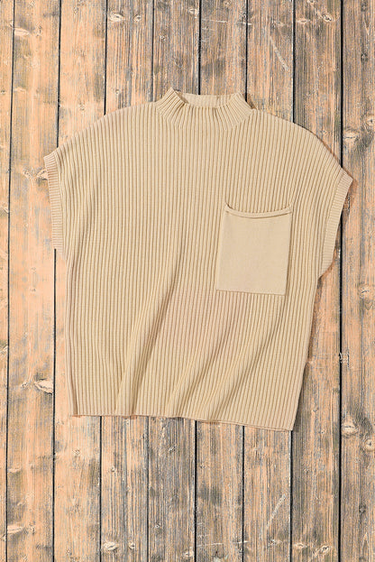 Patch Pocket Ribbed Knit Short Sleeve Sweater | Oatmeal