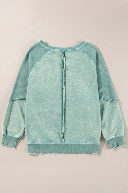 Solid Waffle Knit Patchwork Raglan Sleeve Sweatshirt | Mineral Blue