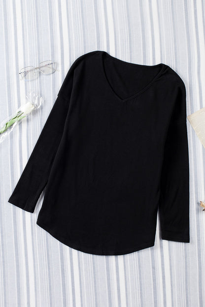 Solid Colour V Neck Long Sleeve Knit Top | Black