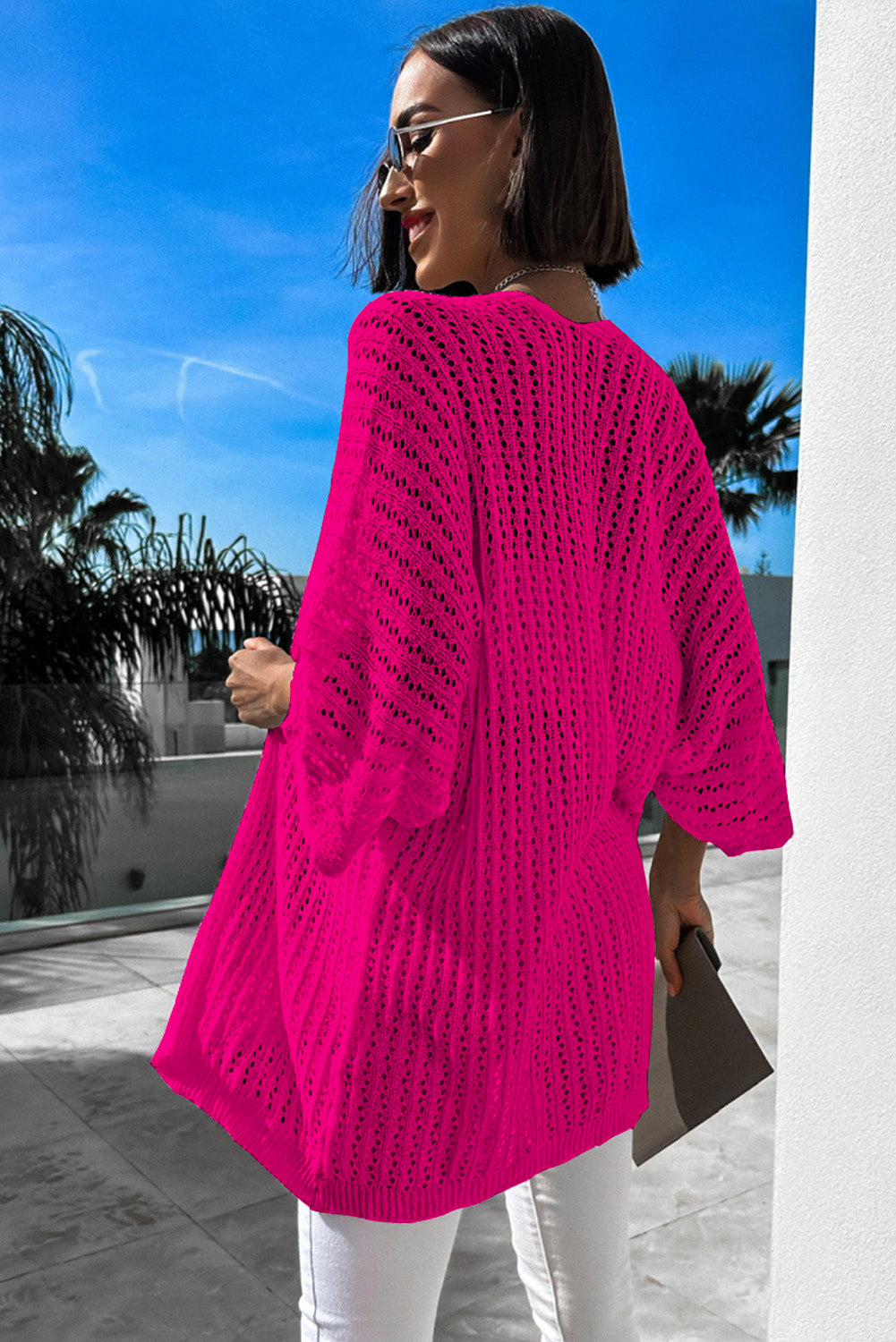 Hollow-Out Bracelet Sleeve Knit Cardigan | Rose