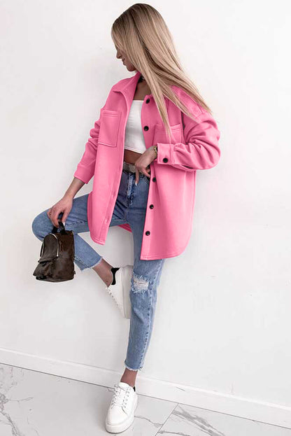 Solid Colour Pocketed Button Up Long Sleeve Shacket | Pink