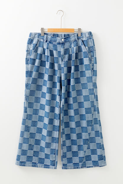 Plus Size Checkered Seamed High Waist Wide Leg Jeans | Dusk Blue