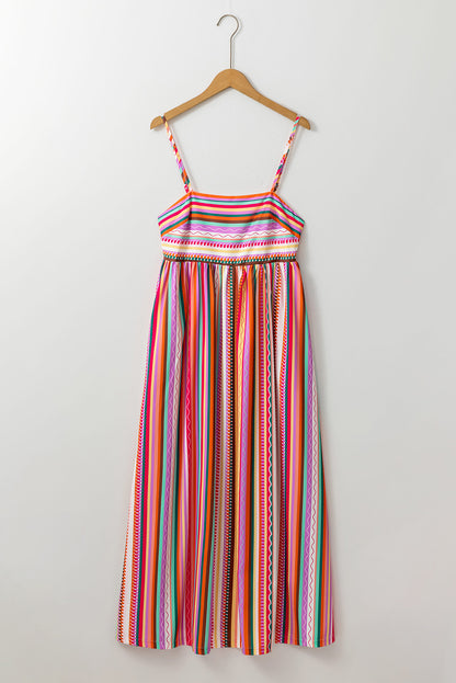 Striped Thin Straps Smocked Back Boho Maxi Dress | Multicolour