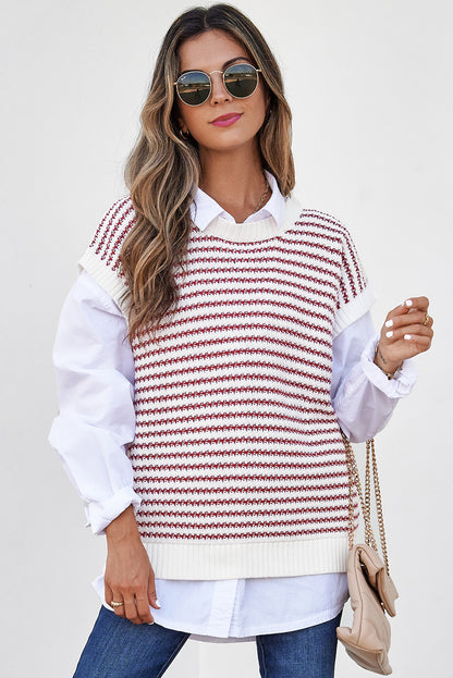 Ribbed Trim Loose Fit Knitted Sweater Vest | Red Stripe