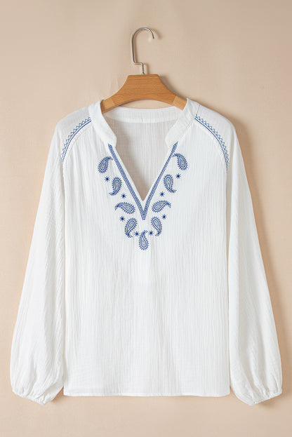 Paisley Embroidered Textured Split Neck Long Puff Sleeve Blouse | White