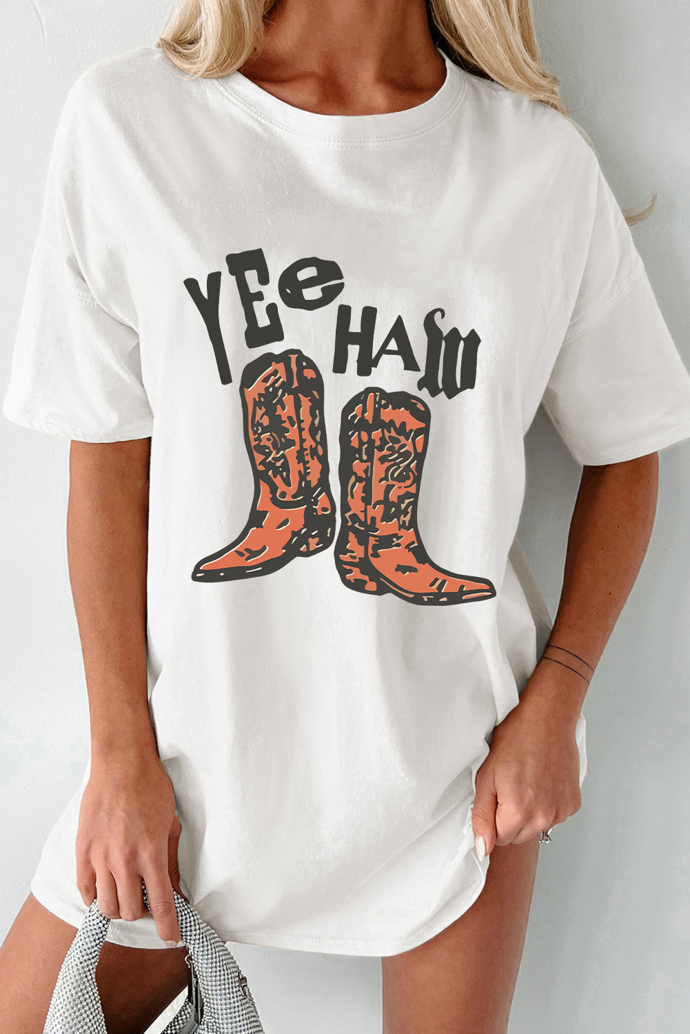 Yee Haw Cowboy Boots Graphic Vintage Western Oversized Tee | White