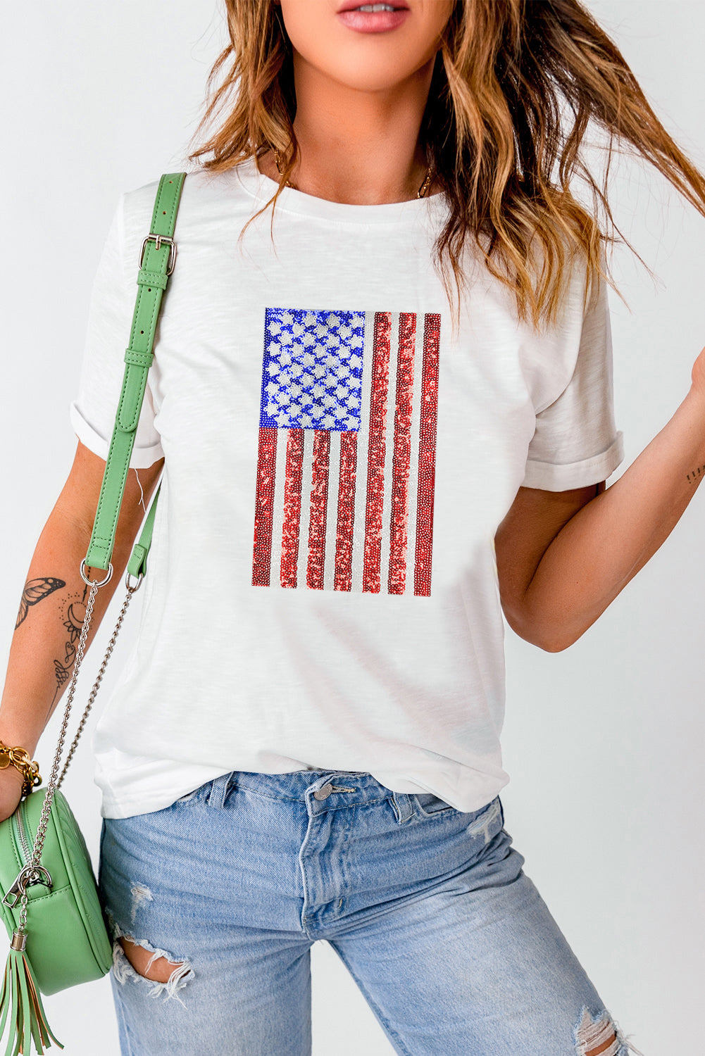 Shimmery Flag Graphic Tee | White