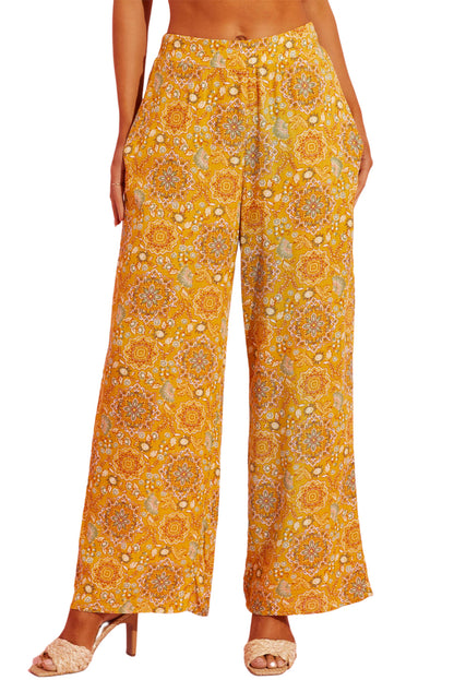 Bohemian Floral Print Pocketed Wide Leg Pants | Yellow