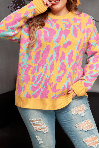 Plus Size Leopard Ribbed Trim Sweater | Bright Pink