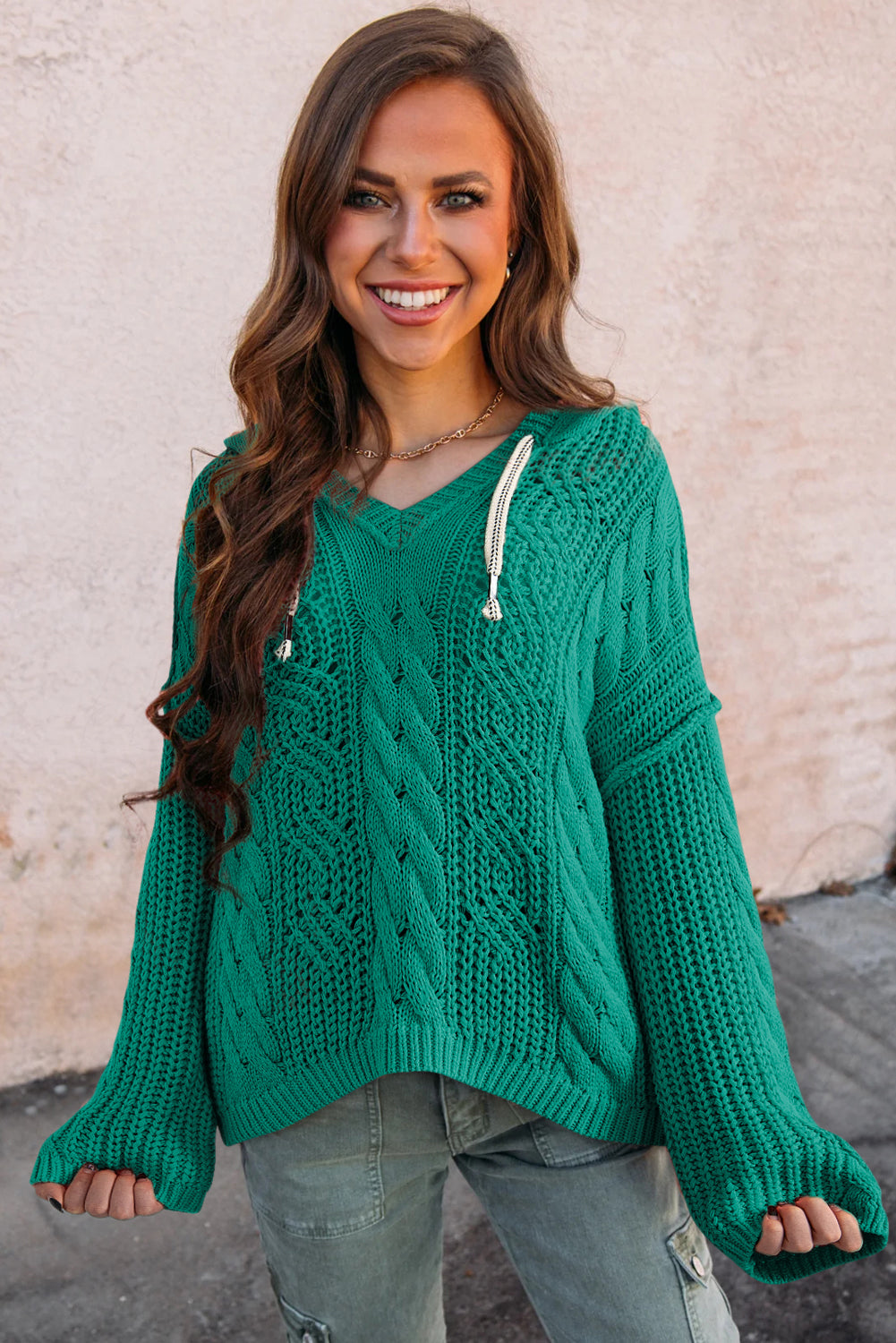 Cable Knit V Neck Contrast Drawstring Hooded Sweater | Sea Green