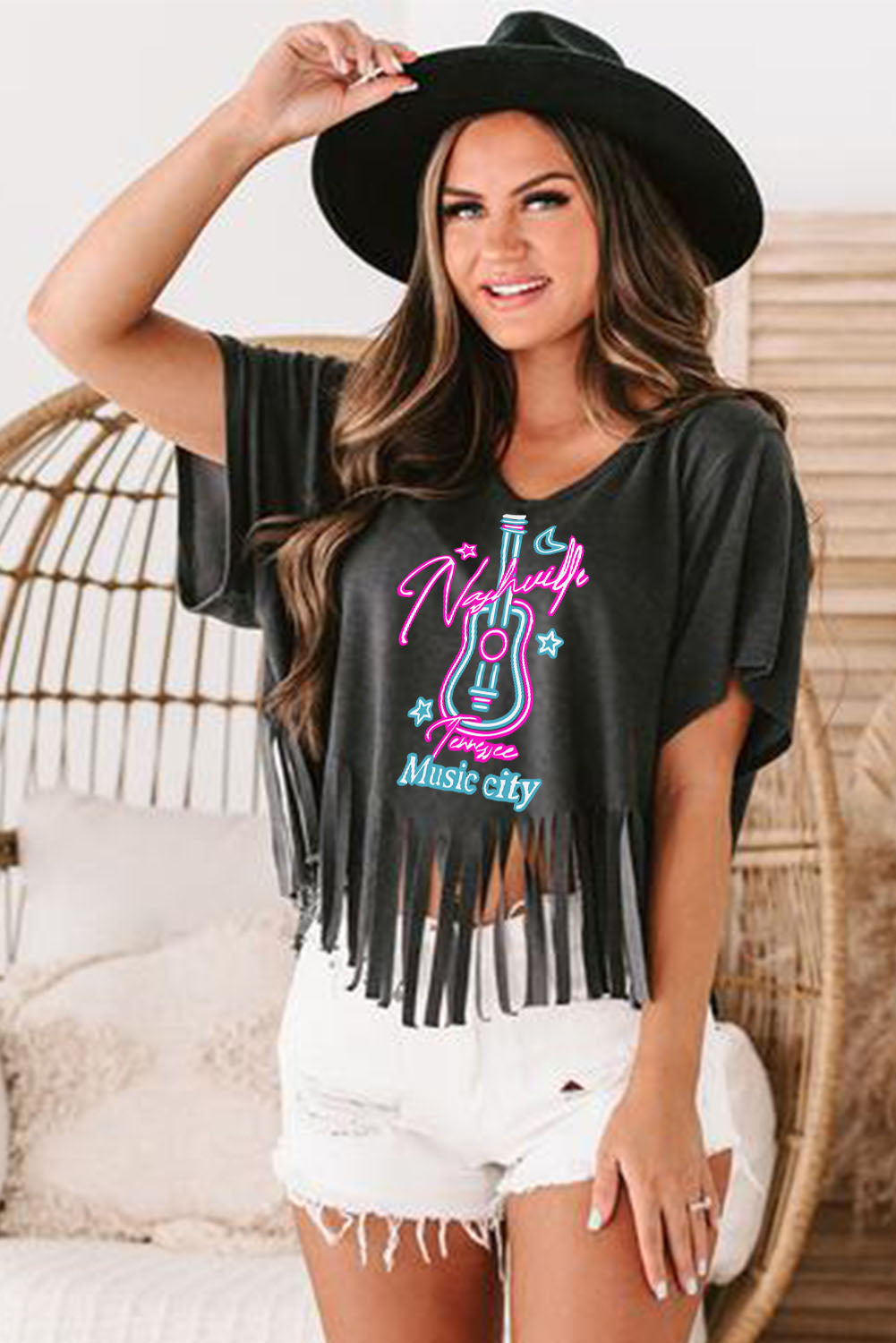 Nashville Forever V Neck Fringed Graphic Tee | Black