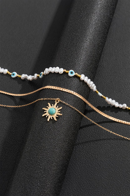 Sun Turquoise Pearl Beaded Multi Layered Pendant Necklace | Gold