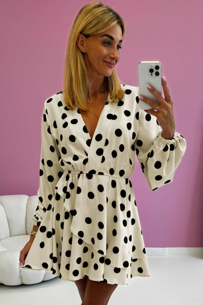 Polka Dot Printed Surplice V Neck Puff Sleeve Mini Dress | Beige