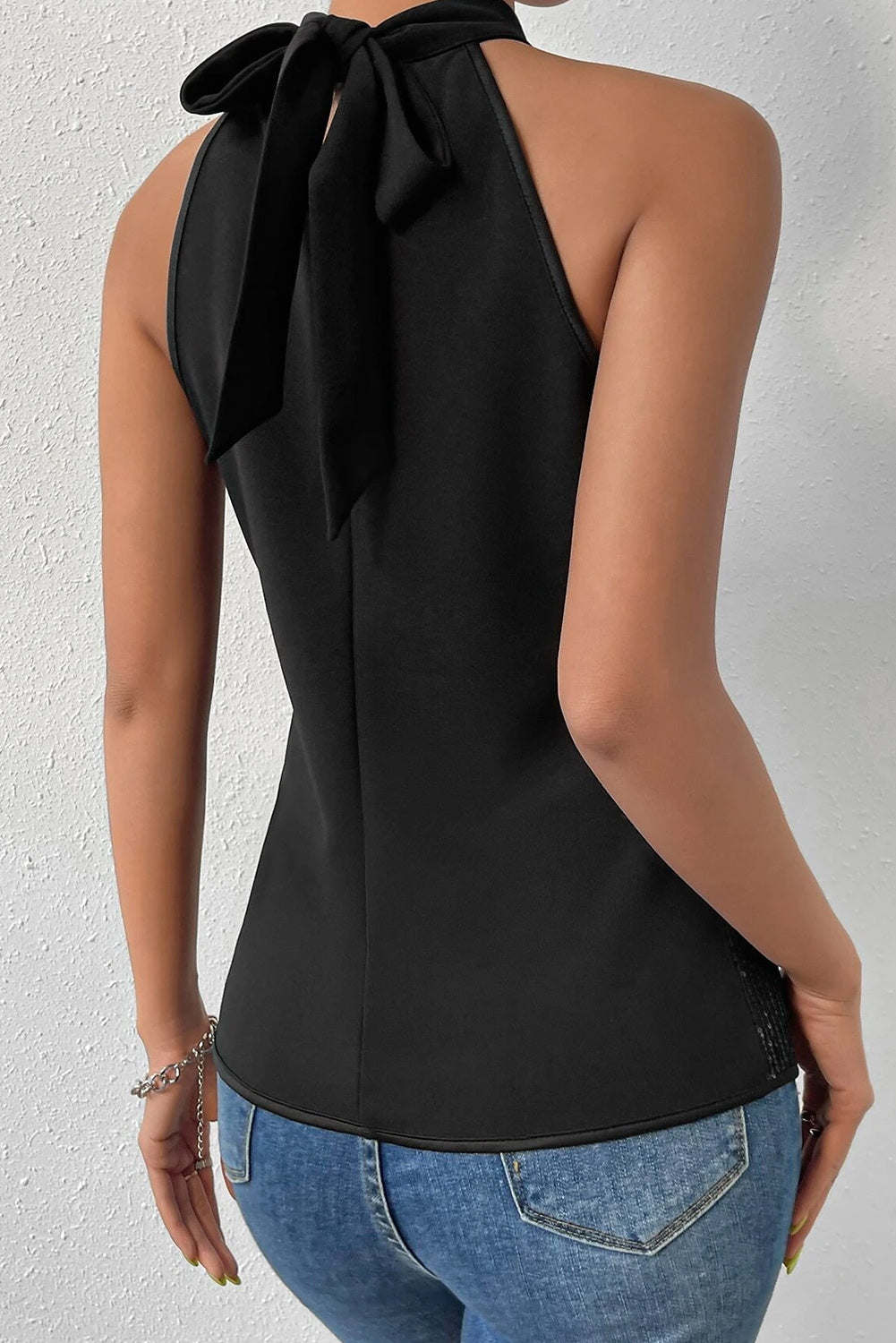 Keyhole Tie Back Sequined Tank Top | Black