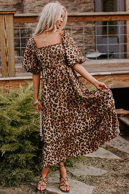 Leopard Print Bubble Sleeve Square Neck Maxi Dress | Brown