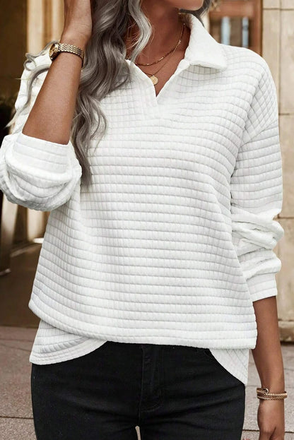 White Quilted Texture Sporty Collared Long Sleeve Top