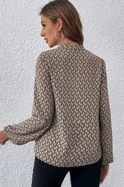 Geometric Print Notched Neck Puff Sleeve Blouse | Khaki