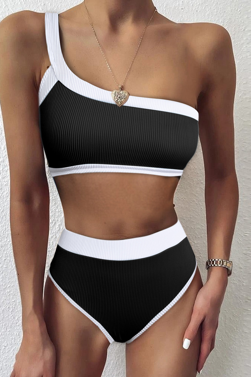 Black One Shoulder Patchwork High-waisted Bikini Set