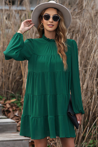 Puff Sleeve Mock Neck Back Knot Tiered Dress | Green