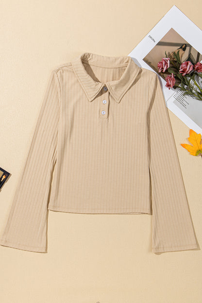 Ribbed Buttoned Collar Long Sleeve Slim Fit Top | Beige